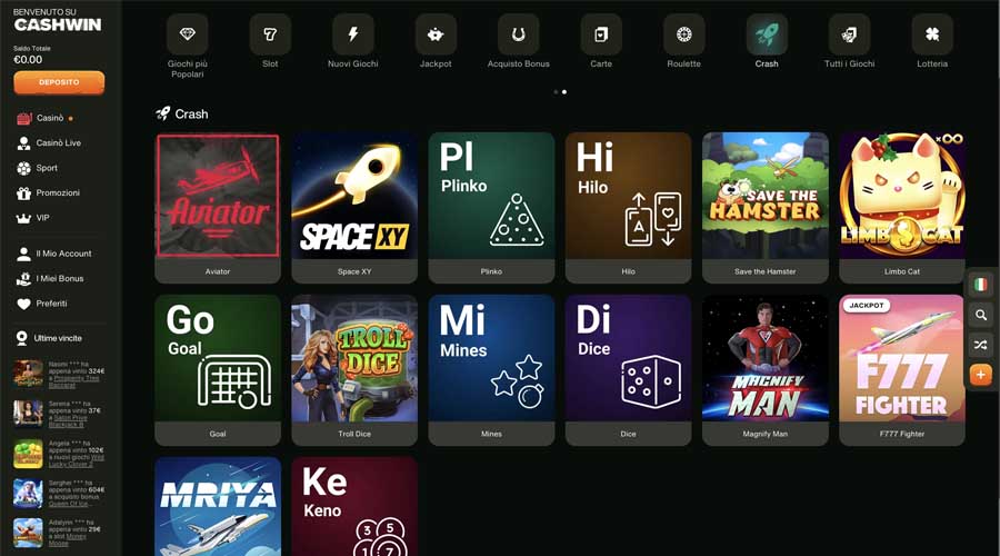 screenshot mini giochi cashwin