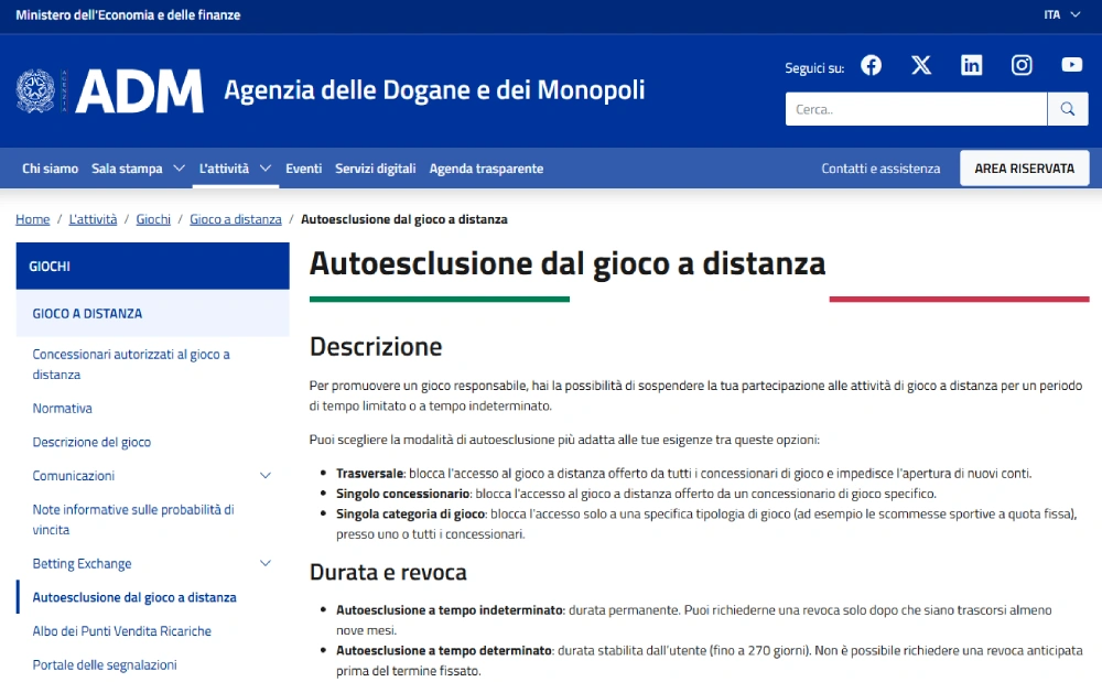 autoesclusione adm (rua) non funziona
