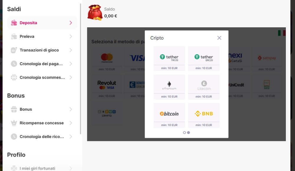 deposito minimo 50 centesimi solo con criptovalute