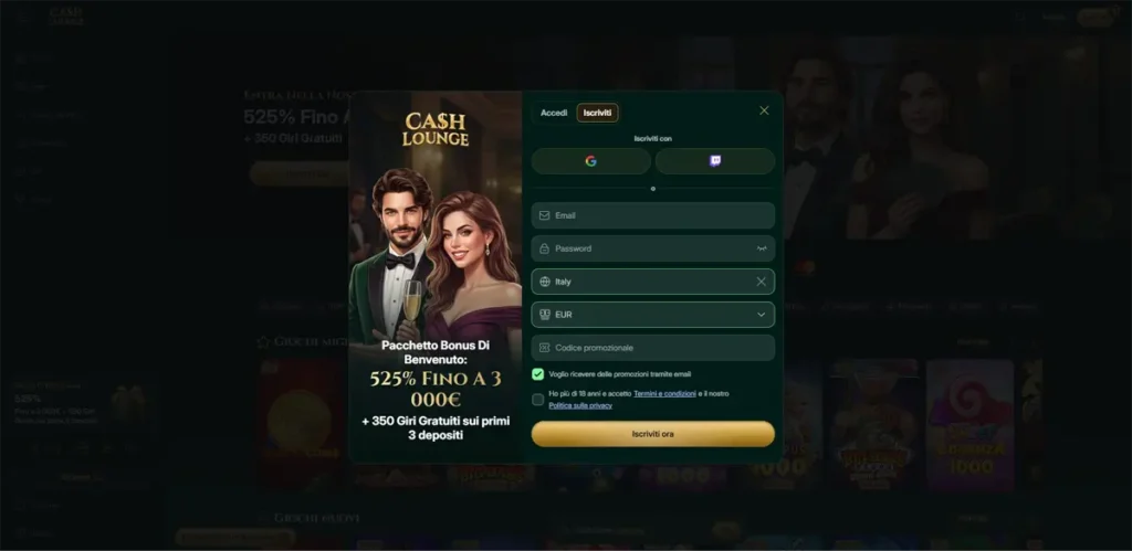 registrazione cash lounge casino