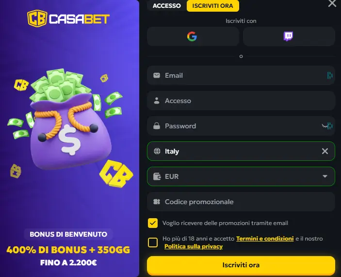 casabet bonus benvenuto