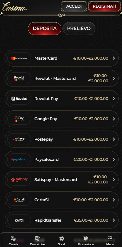 casina deposito minimo 1 euro